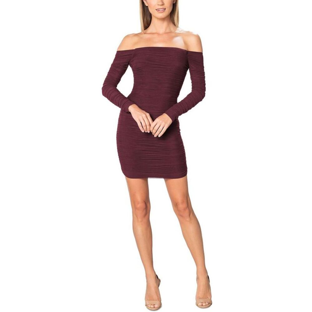 Dress The Population Womens Red Ruched Mini Bodycon Dress NWT
